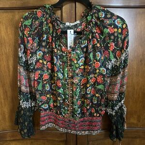 Alice + Olivia Red and Green Puff Sleeve Blouse